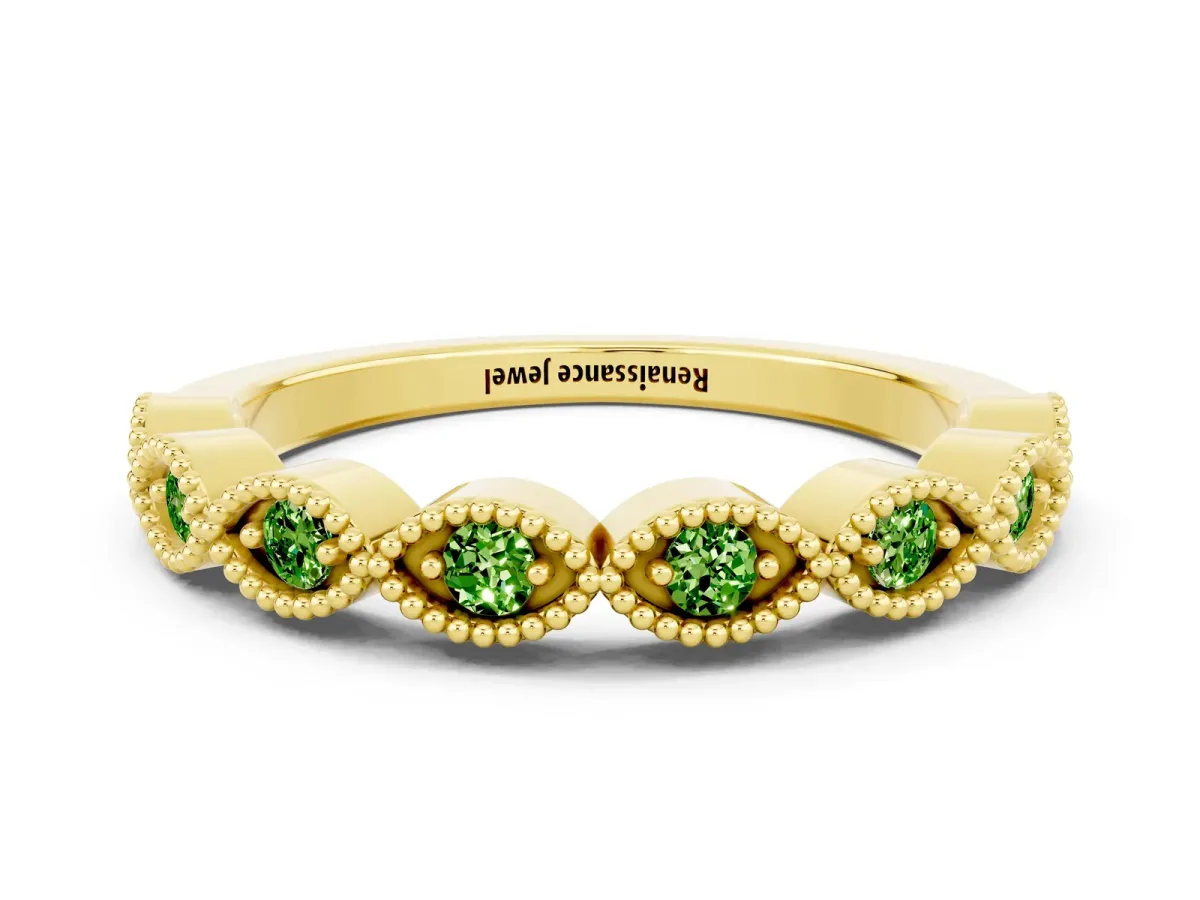 Milgrain Marquise Peridot Half Eternity Band with Bezel Setting Yellow gold