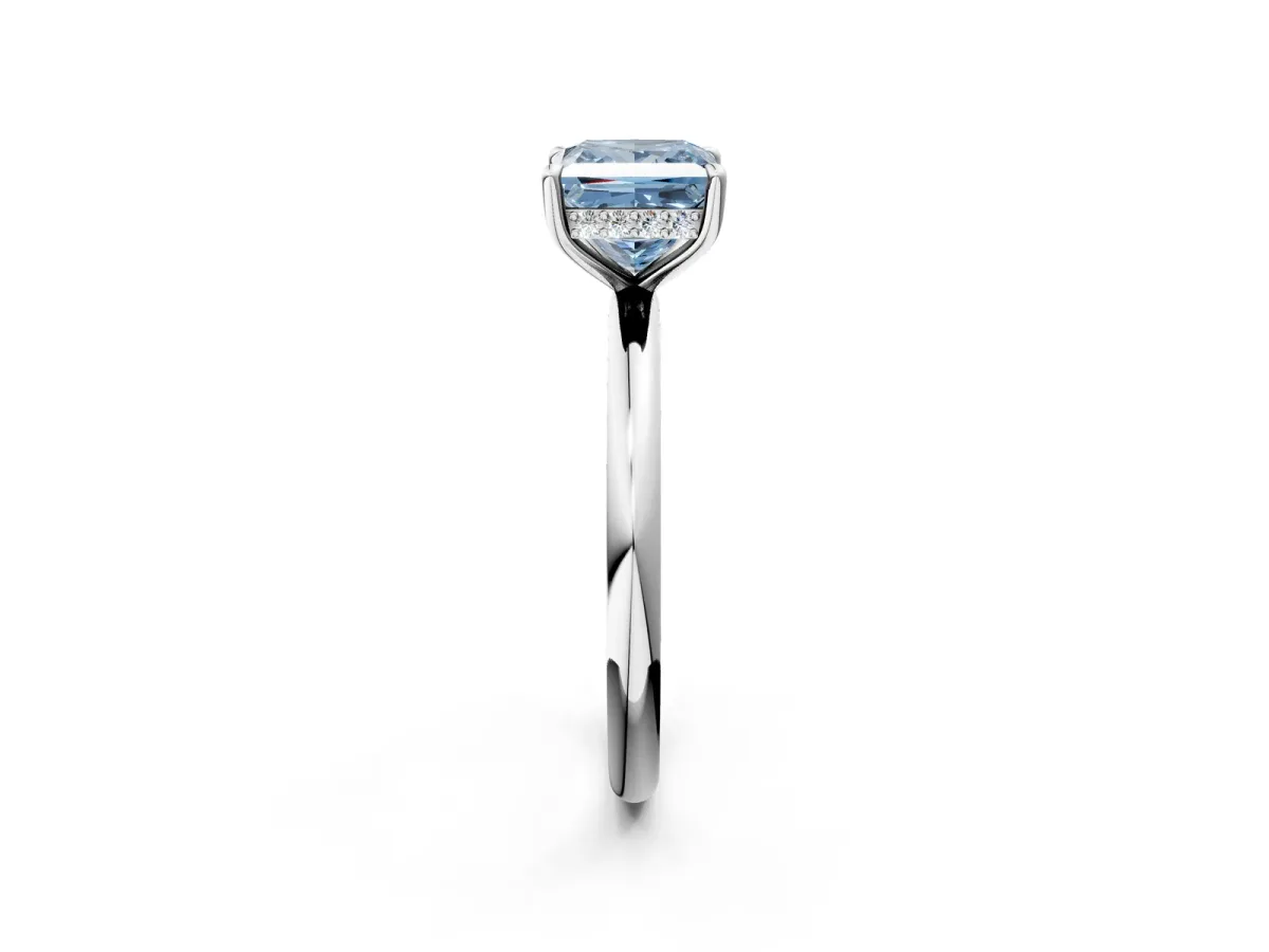 Fancy Blue Princess Cut Diamond Solitaire Ring with Thin Band and Four-Prong Setting White gold