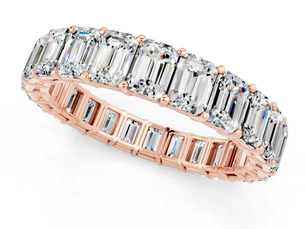 Emerald Cut Moissanite Eternity Band with Shared Prong Setting Rose gold