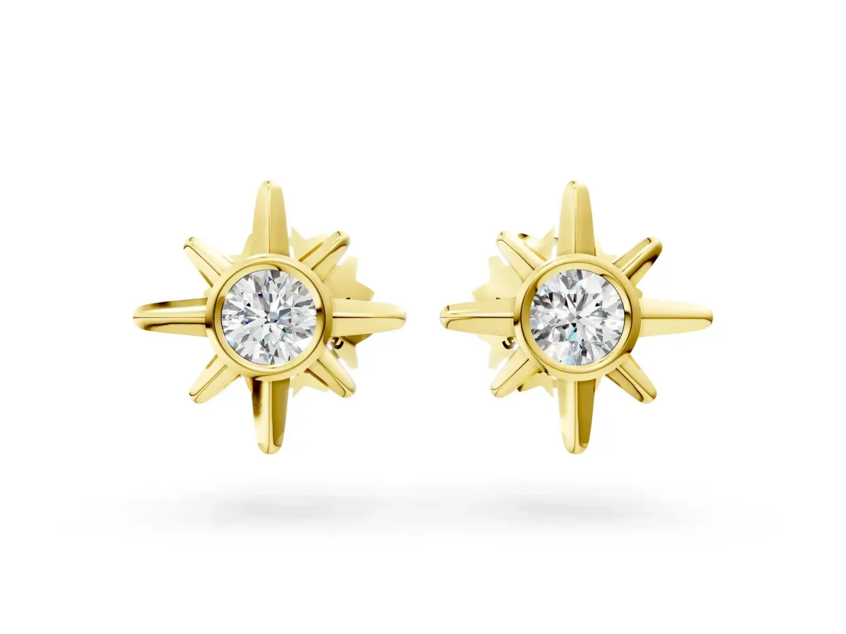 Round Diamond Sol Starburst Stud Earrings Yellow gold