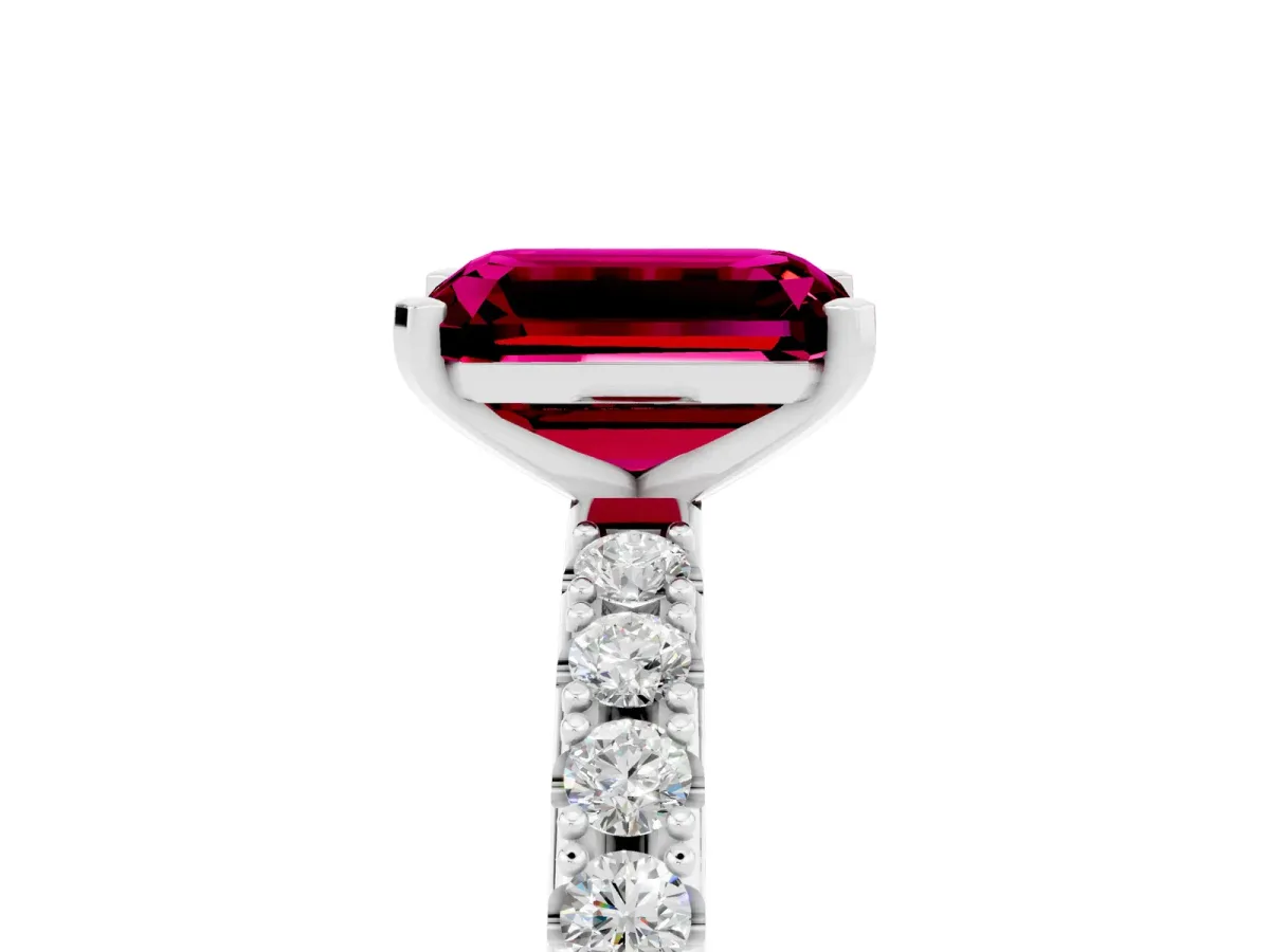 Emerald Cut Garnet Solitaire Pavé Band with Four-Prong Setting Silver