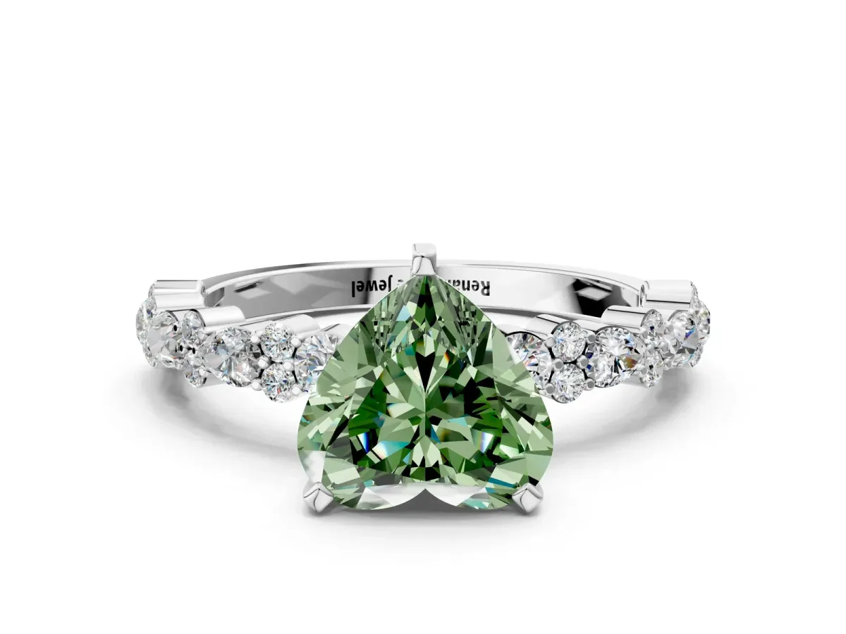 Fancy Green Heart Cut Diamond Side Stone Solitaire Ring with Round and Four-Prong Setting Platinum