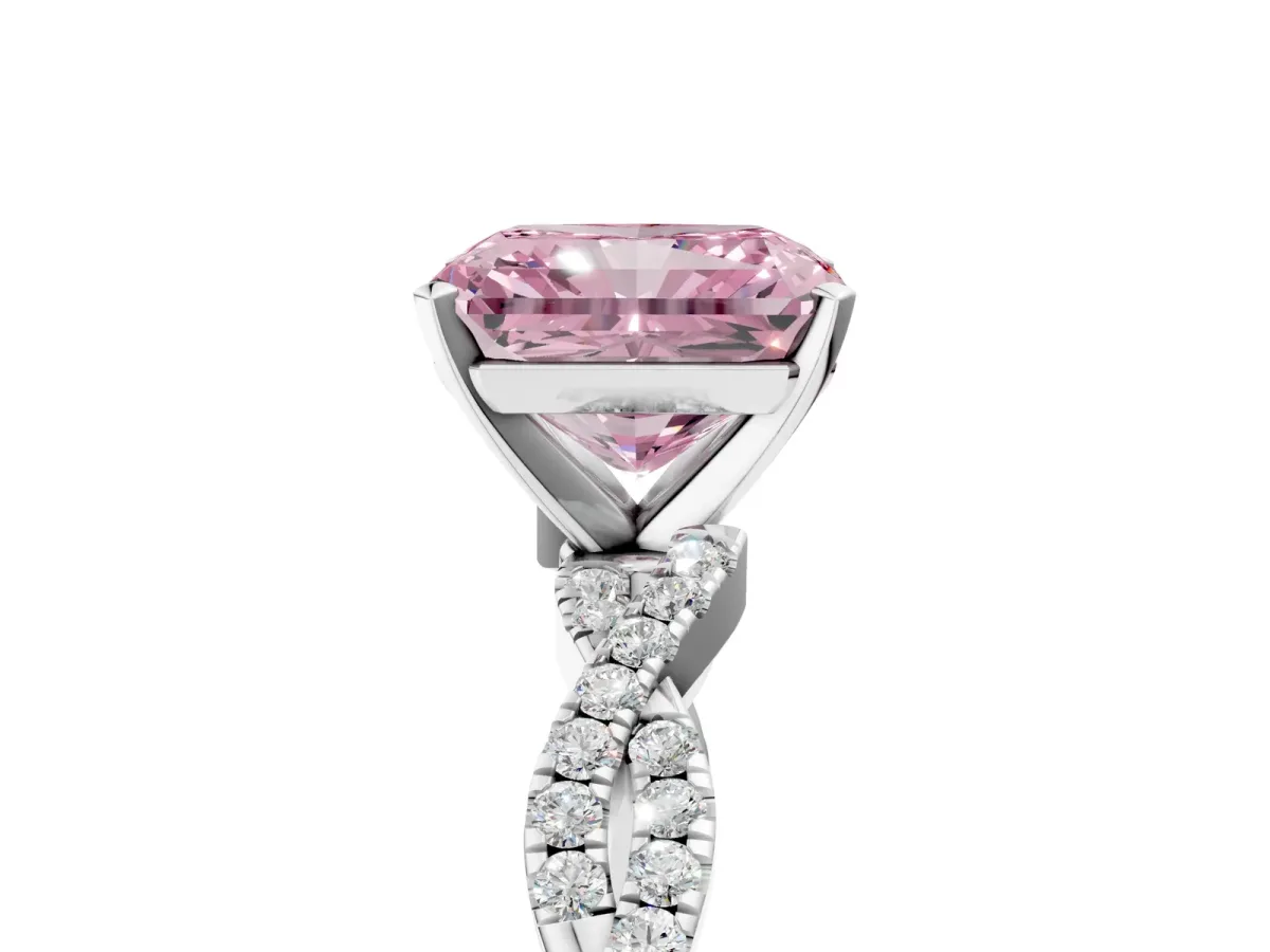 Fancy Pink Radiant Cut Solitaire Twisted Pave Band with Four-Prong Setting Platinum