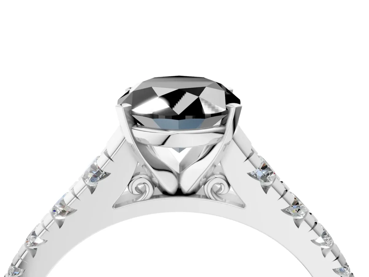 Fancy Black Oval Cut Diamond Cathedral Solitaire Ring with Round Pavé Band Silver