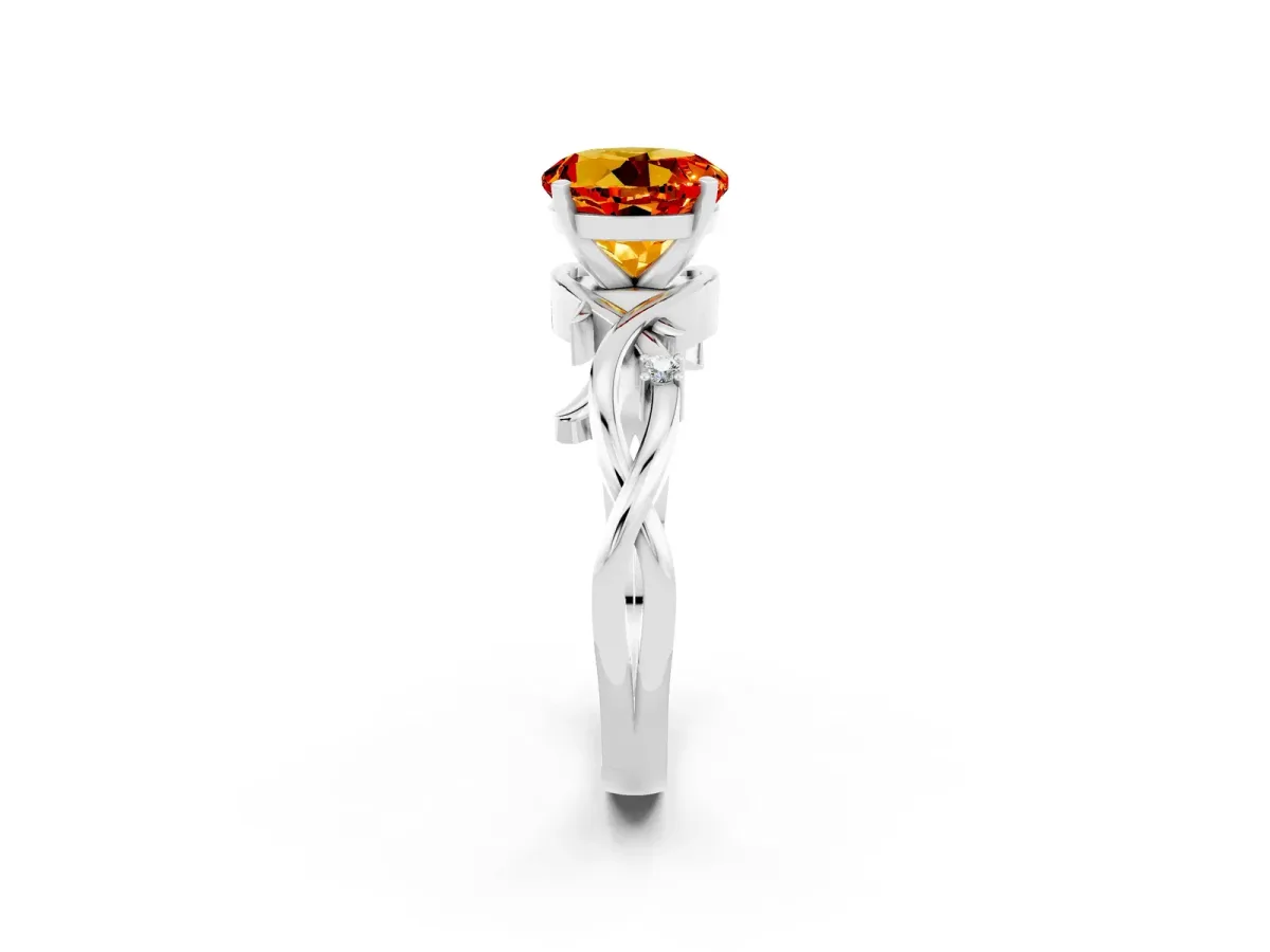Round Cut Citrine Solitaire Ring with Twisted Band and Prong Setting Platinum