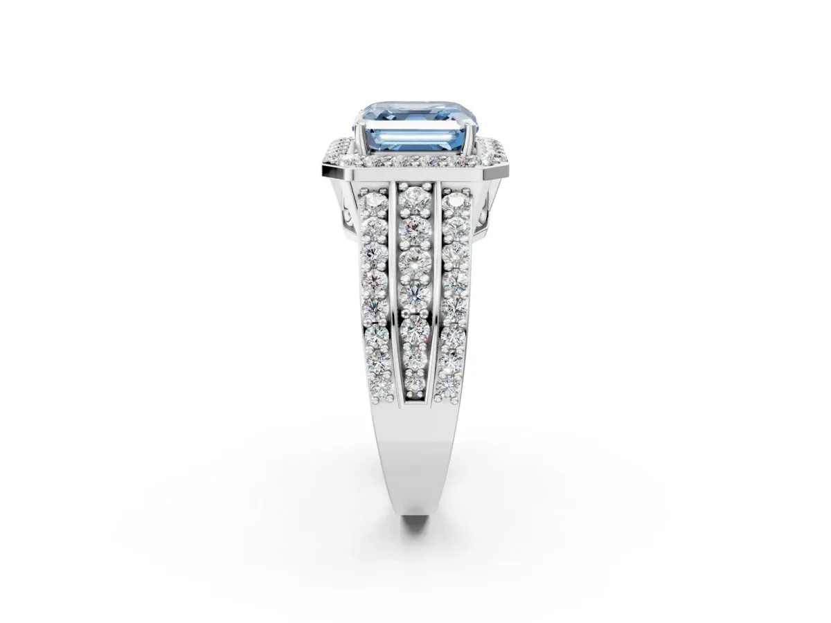 Fancy Blue Asscher Cut Halo Diamond Ring with Round Split Shank and Prong Setting Platinum