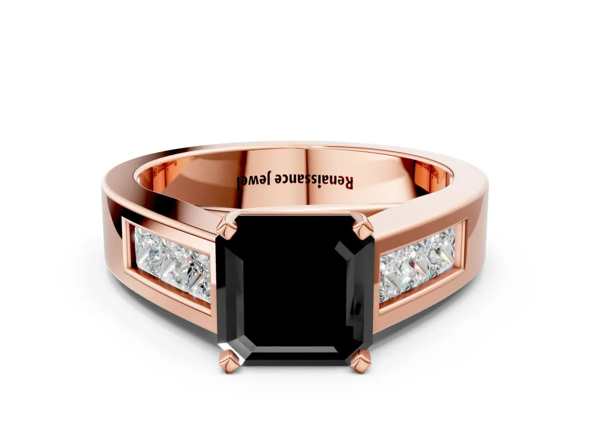 Fancy Black Asscher Cut Cut Channel Set Solitaire Ring with Four-Prong Setting Rose gold