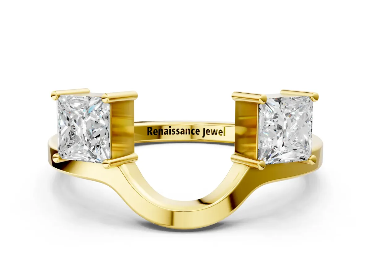 Princess Cut Diamond Two-Stone Open Band Ring with Four-Prong Setting Yellow gold
