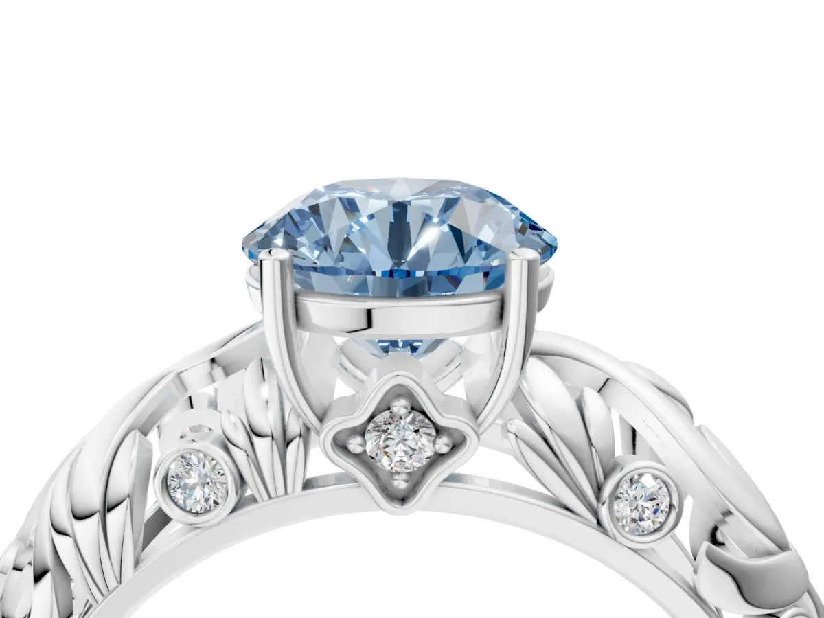 Fancy Blue Round Cut Solitaire Diamond Leaf-Inspired Vine Band Ring with Prong Setting Silver