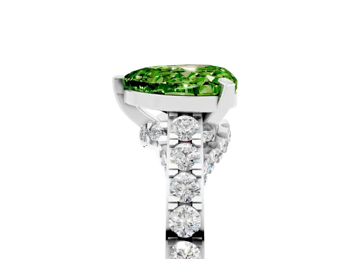 Heart Cut Peridot Solitaire Ring with Crossover Gallery and Round Pavé Band Silver