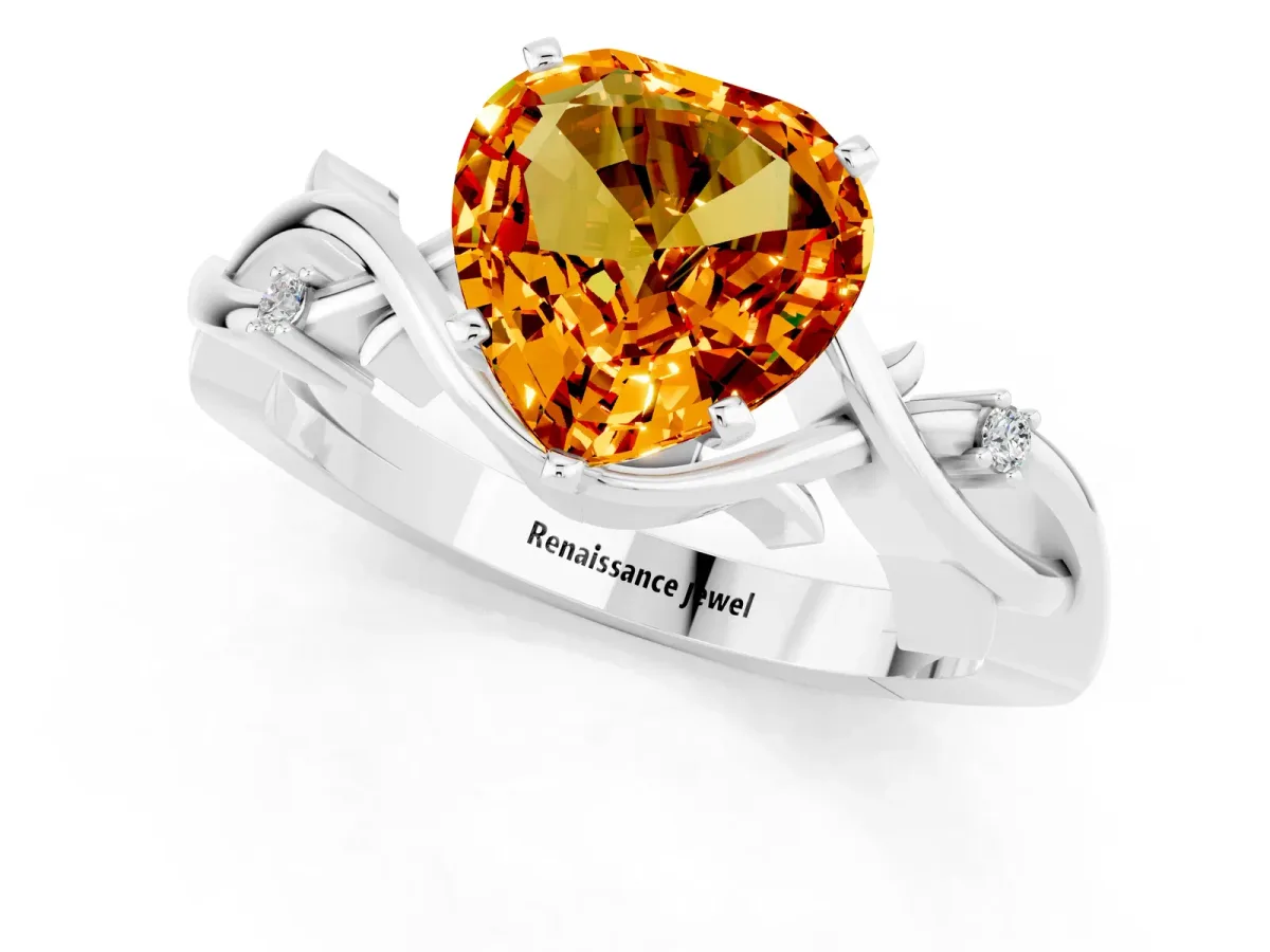 Heart Cut Citrine Solitaire Ring with Twisted Band and Prong Setting Platinum