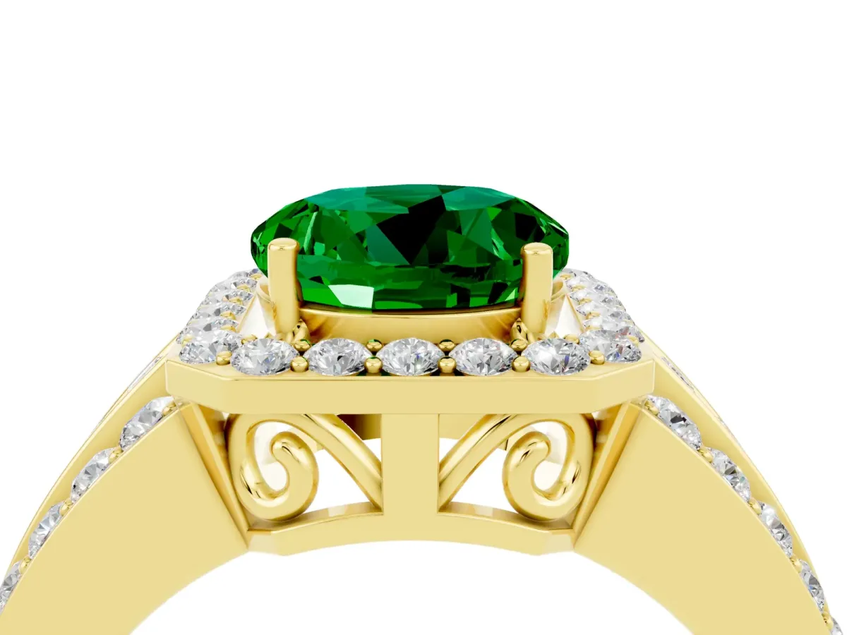 Round Cut Halo Emerald Ring with Round Split Shank and Prong Setting Yellow gold