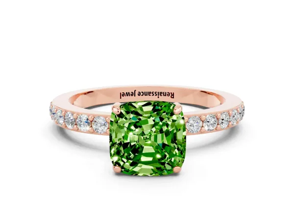 Cushion Cut Peridot Solitaire Engagement Ring with Pavé Band and Four-Prong Setting Rose gold