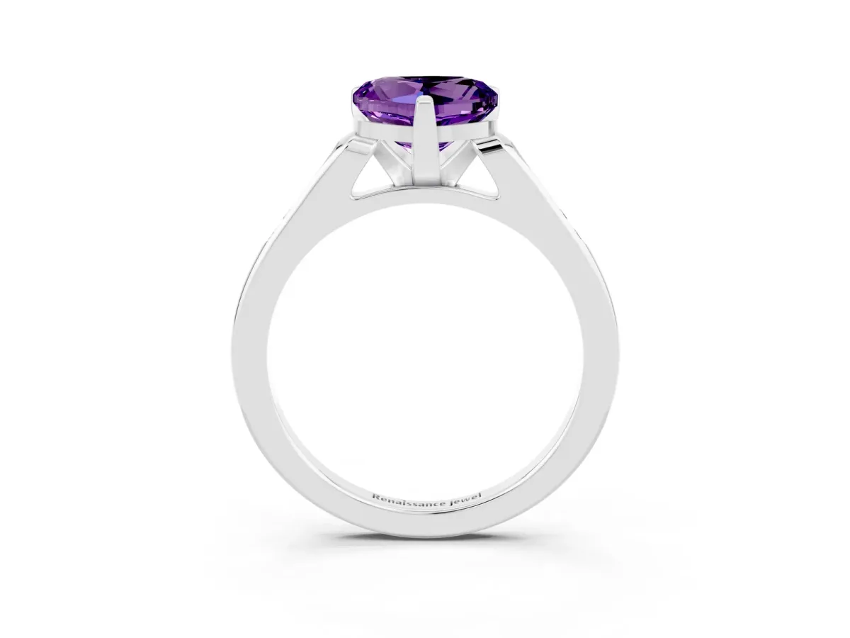 Heart Cut Amethyst Solitaire Ring with Channel Set Round Band and Prong Setting Silver