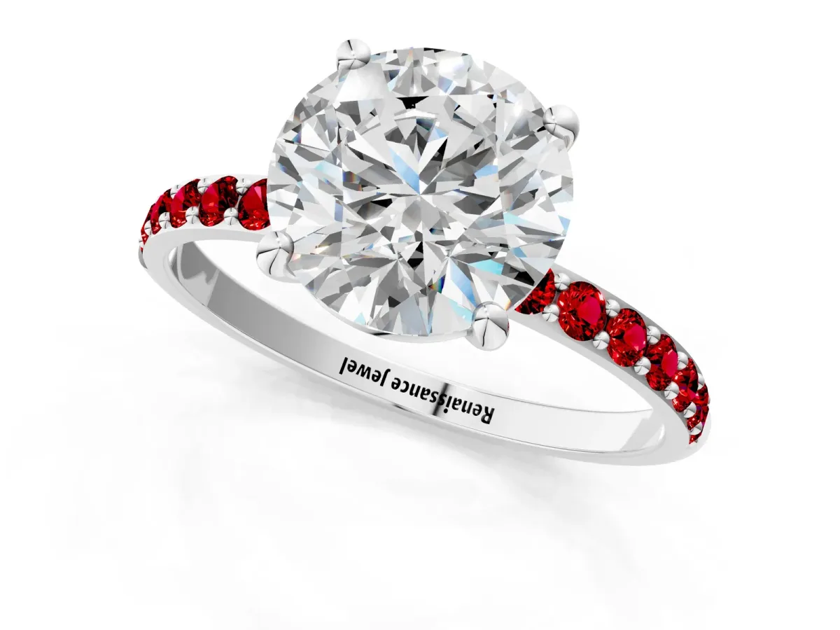 Round Cut Diamond Solitaire Ring with Round Ruby Pavé Band and Prong Setting Silver