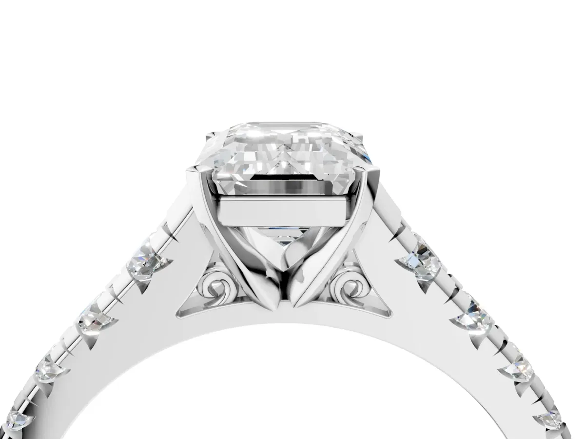 Emerald Cut Diamond Cathedral Solitaire Ring with Round Moissanite Pavé Band Silver
