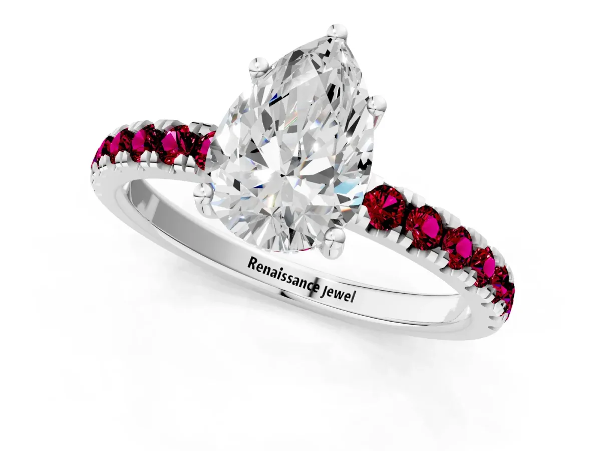 Pear Cut Diamond Pave Band Solitaire Ring with Round Garnet and Prong Setting Silver
