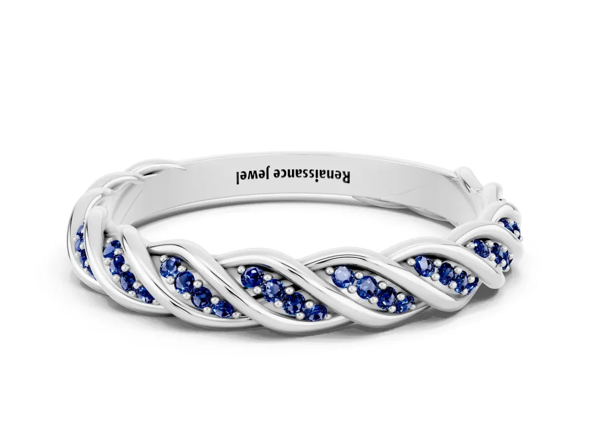 Twisted Pavé Round Blue Sapphire Eternity Band with Shared Prong Setting Platinum