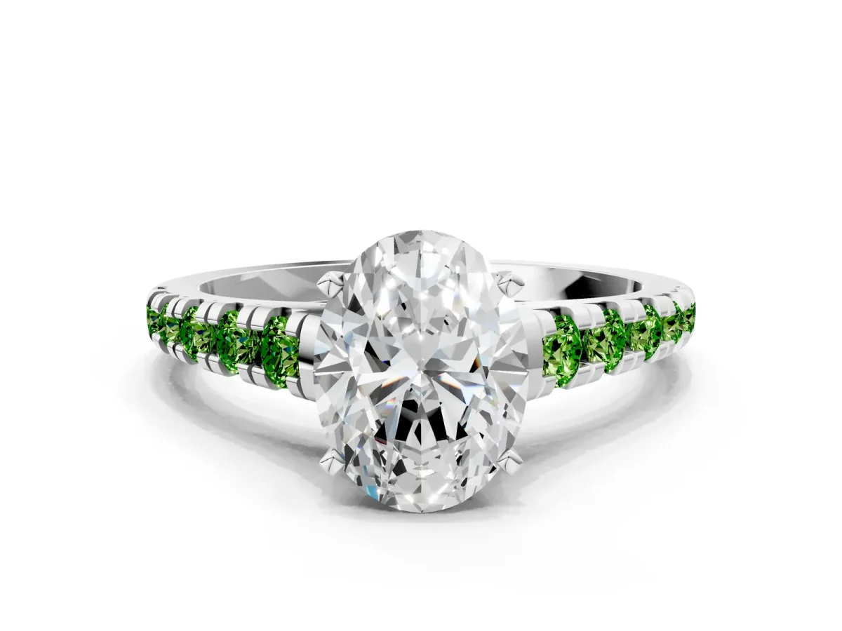 Oval Cut Diamond Cathedral Solitaire Ring with Round Peridot Pavé Band Platinum