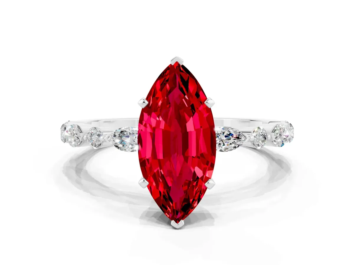 Marquise Cut Ruby Ring with Marquise and Round Side Stones and Four-Prong Setting Silver