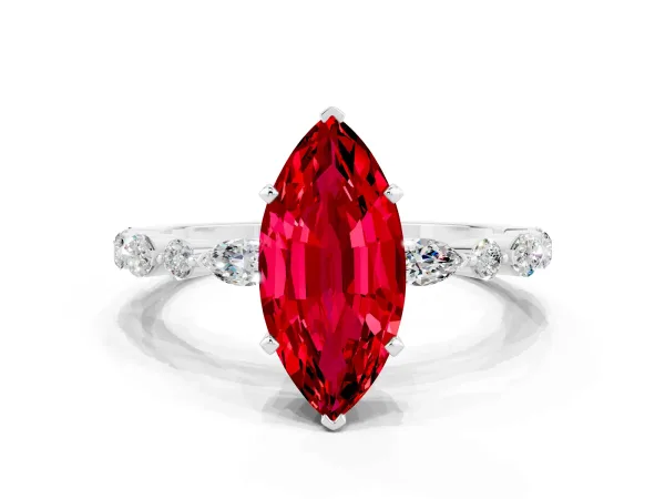 Marquise Cut Ruby Ring with Marquise and Round Side Stones and Four-Prong Setting White gold