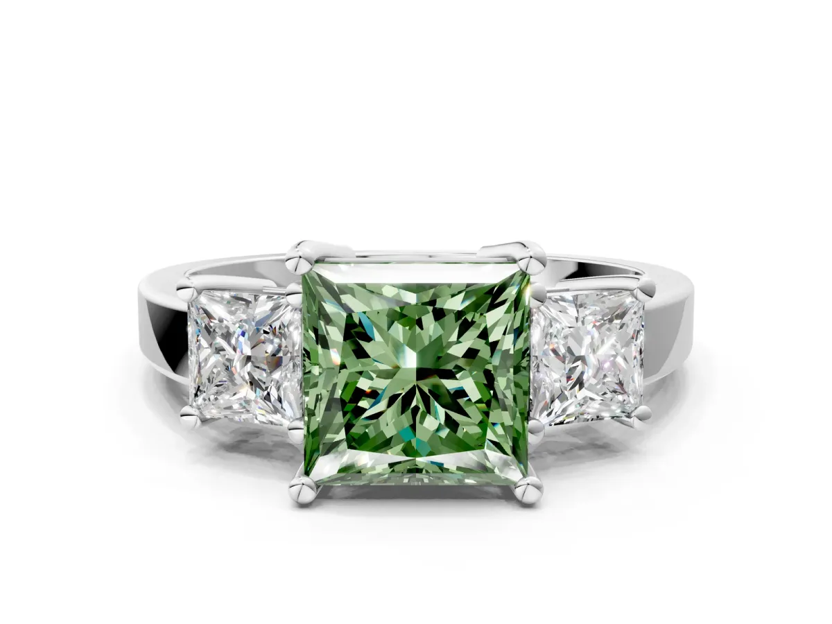 Fancy Green Three-Stone Princess Cut Cut Solitaire Ring with Prong Setting Platinum