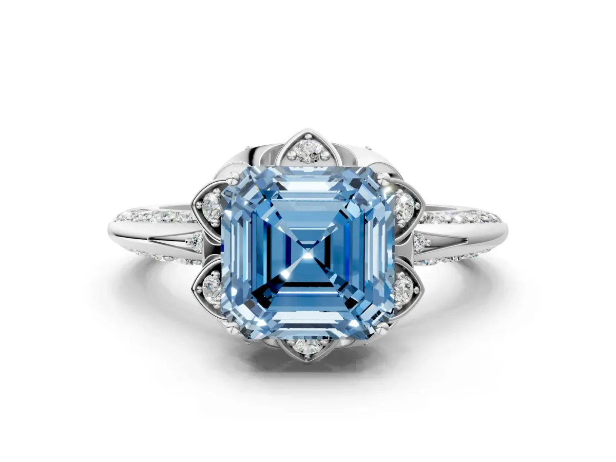 Fancy Blue Asscher Cut Halo Split Shank Pave Diamond Ring with Petal Prong Setting Platinum