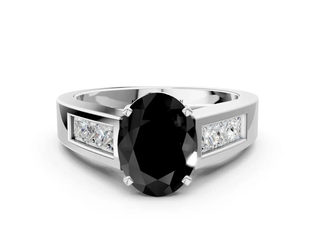 Fancy Black Oval Cut Cut Channel Set Solitaire Ring with Four-Prong Setting Silver