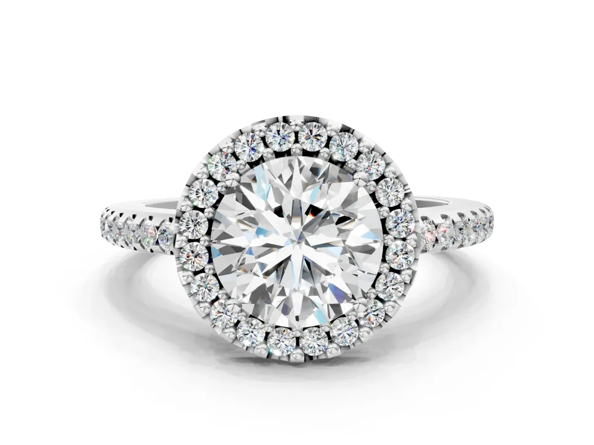Round Cut Diamond Pavé Halo Ring with Four-Prong Setting White gold