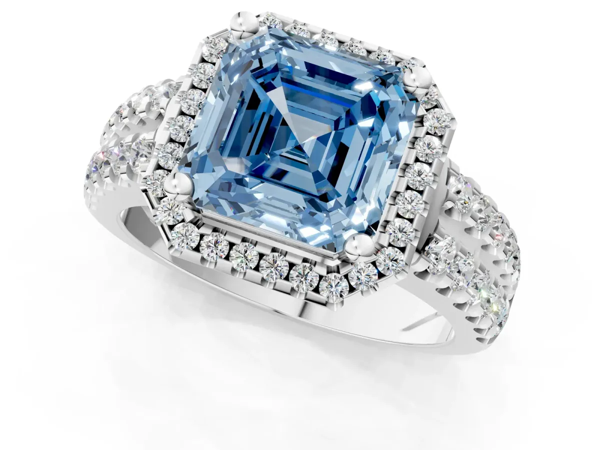 Fancy Blue Asscher Cut Halo Diamond Split Shank Engagement Ring with Prong Setting Platinum