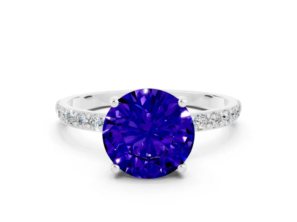 Round Cut Tanzanite Solitaire Ring with Round Pavé Band and Prong Setting Silver