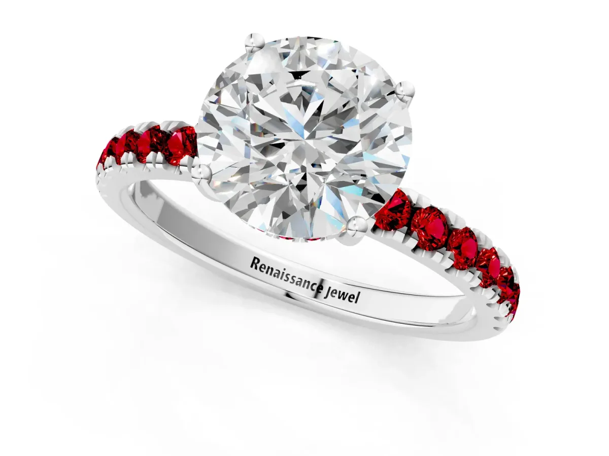 Round Cut Diamond Pave Band Solitaire Ring with Round Ruby and Prong Setting White gold