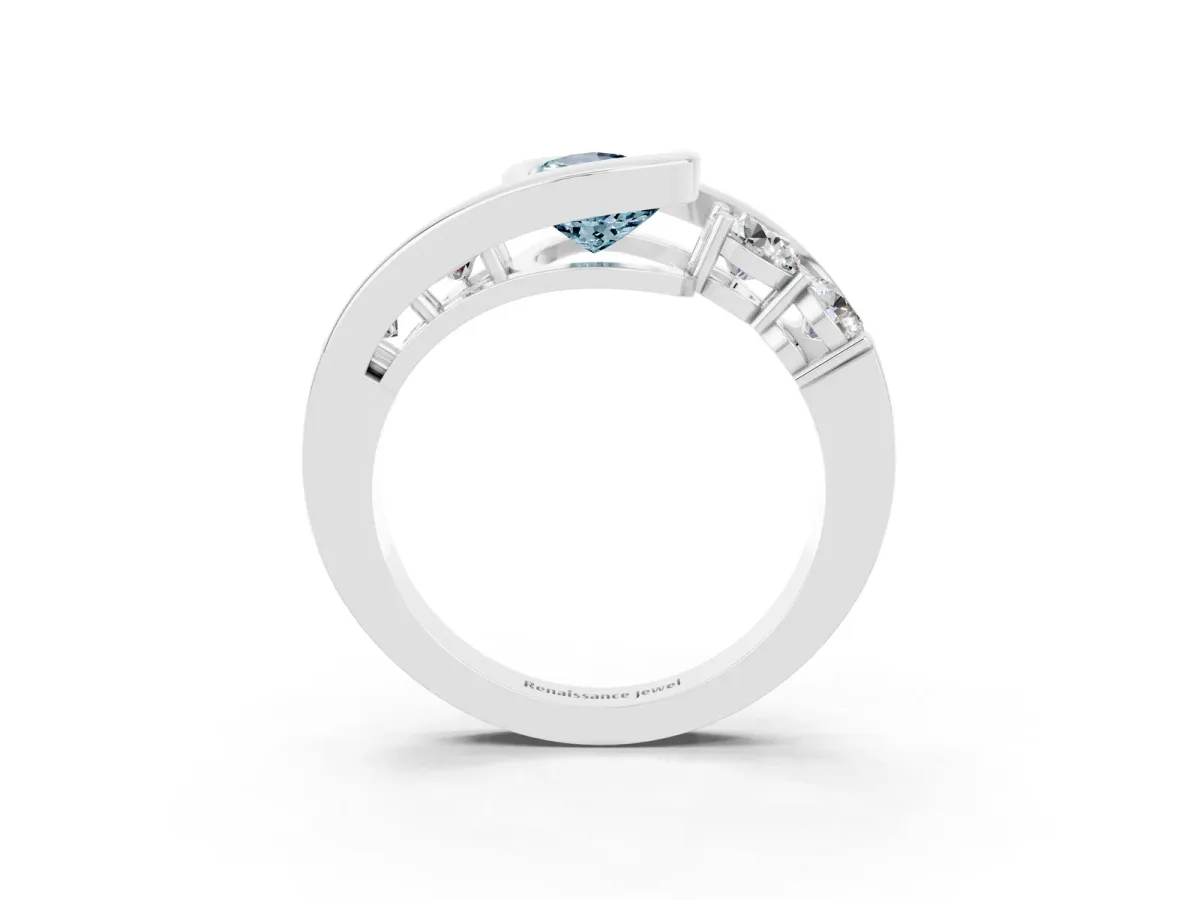 Bezel Set Pear Cut Aquamarine Bypass Ring with Round Accents Silver