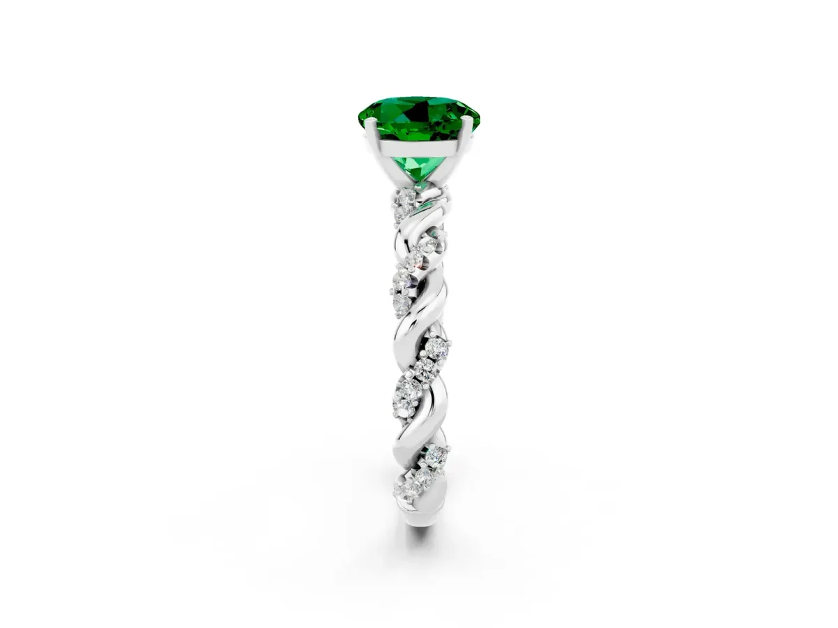 Round Cut Emerald Solitaire Ring with Twisted Band and Pavé Accents Silver