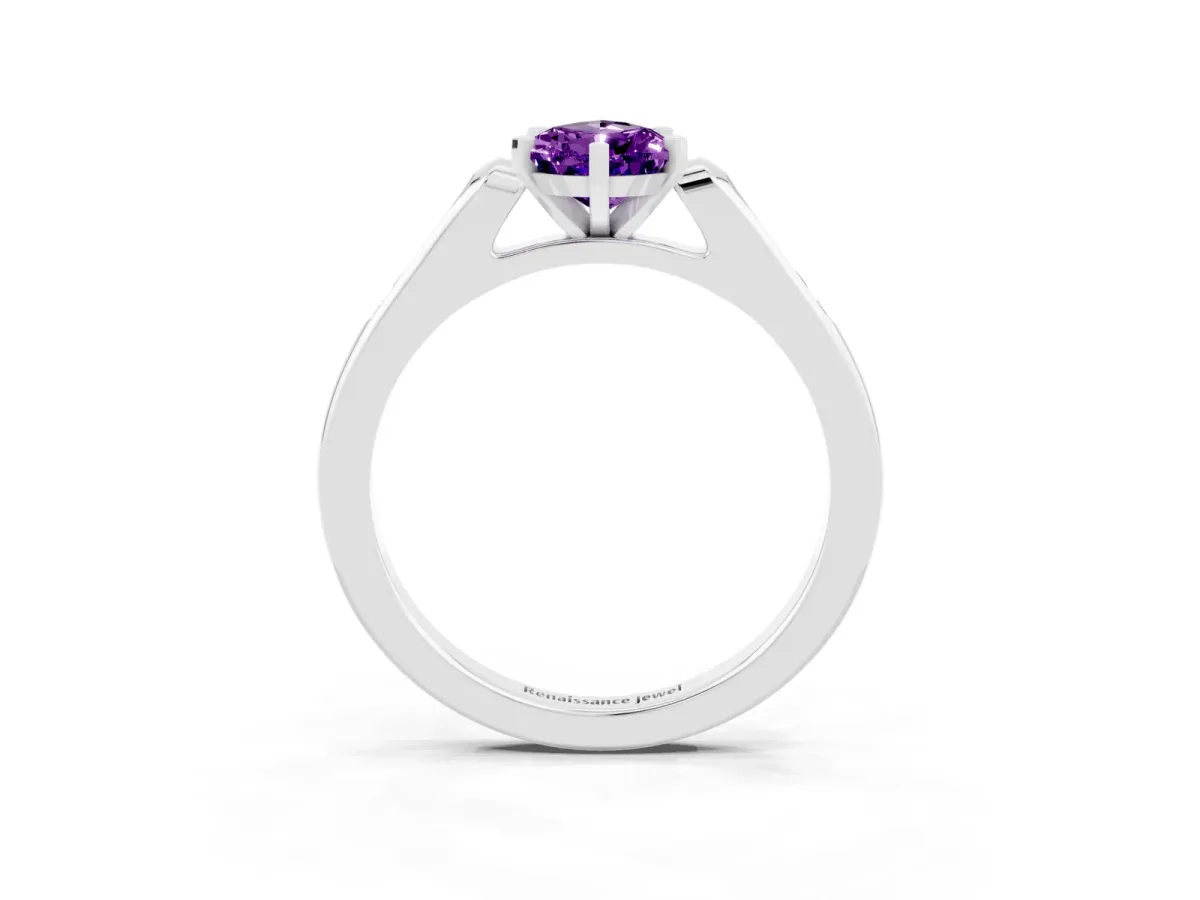 Pear Cut Amethyst Solitaire Ring with Channel Set Round Band and Prong Setting Silver
