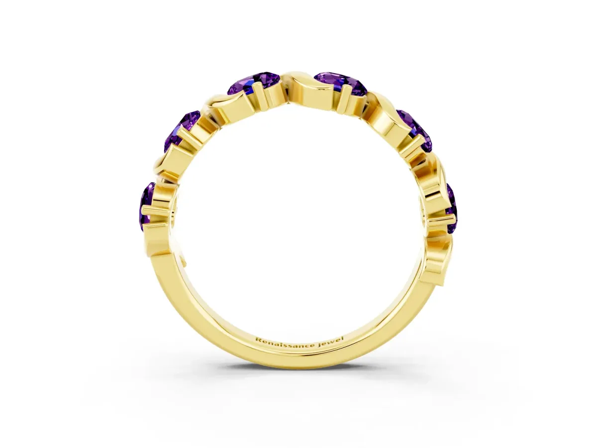 Round Amethyst Half Eternity Band with Wave Prong Setting Yellow gold
