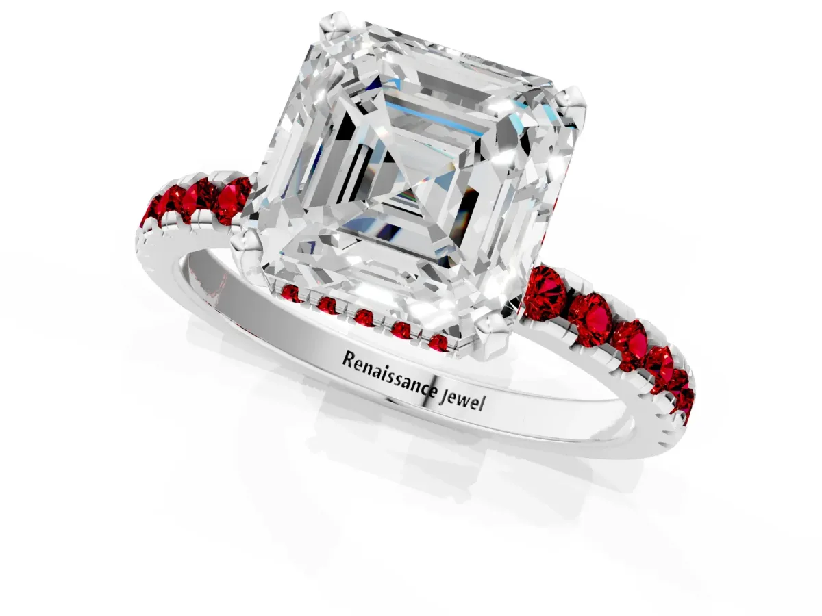Asscher Cut Diamond Solitaire Ring with Round Ruby Pavé Band and Four-Prong Setting Platinum
