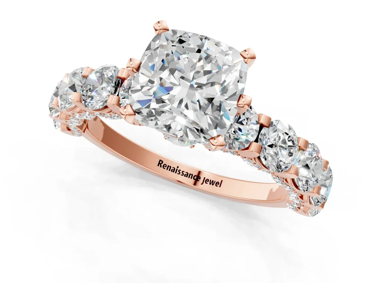 Cushion Cut Diamond Side Stone Engagement Ring with Four-Prong Setting Rose gold