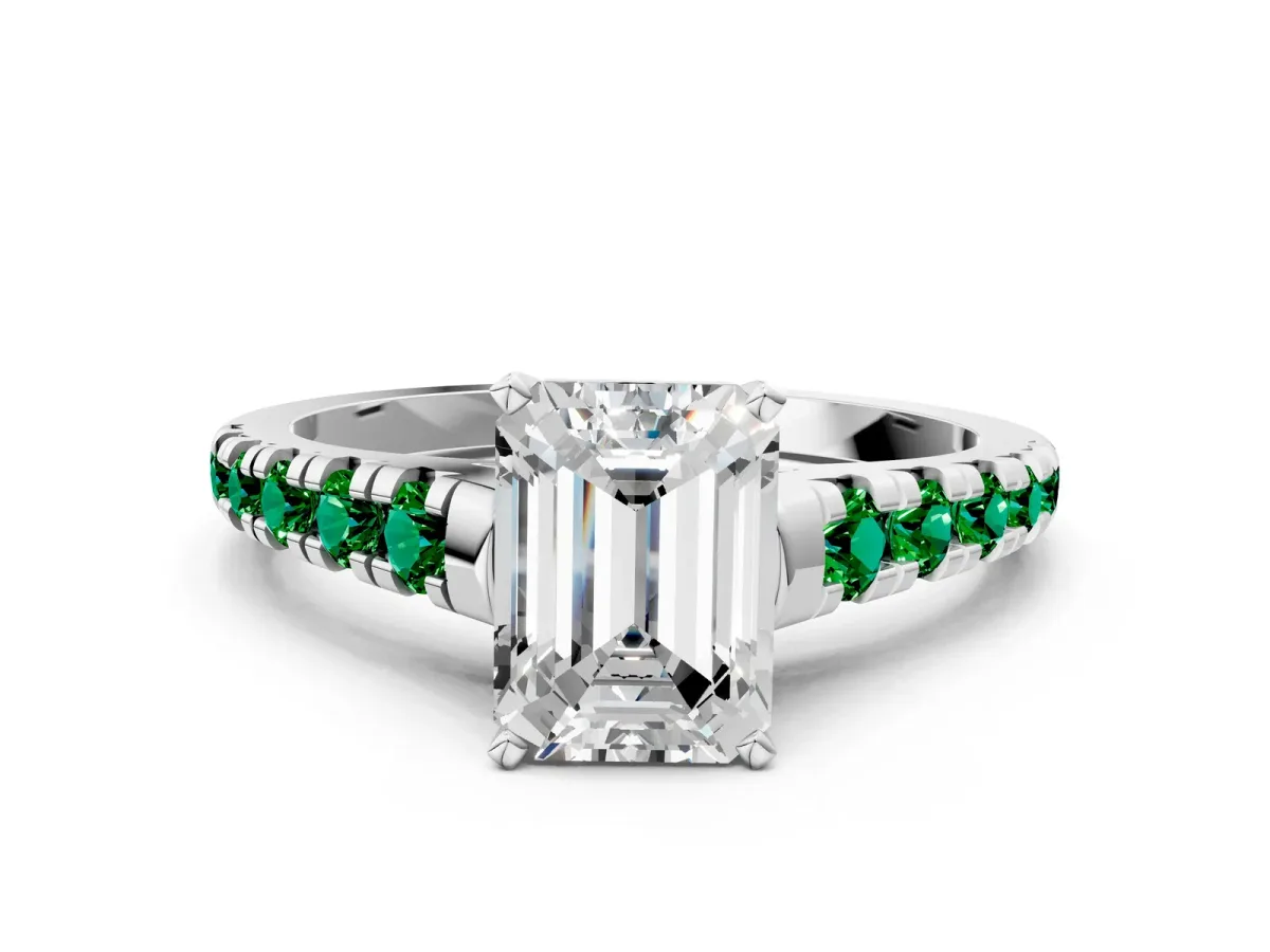 Emerald Cut Diamond Cathedral Solitaire Ring with Round Emerald Pavé Band Platinum