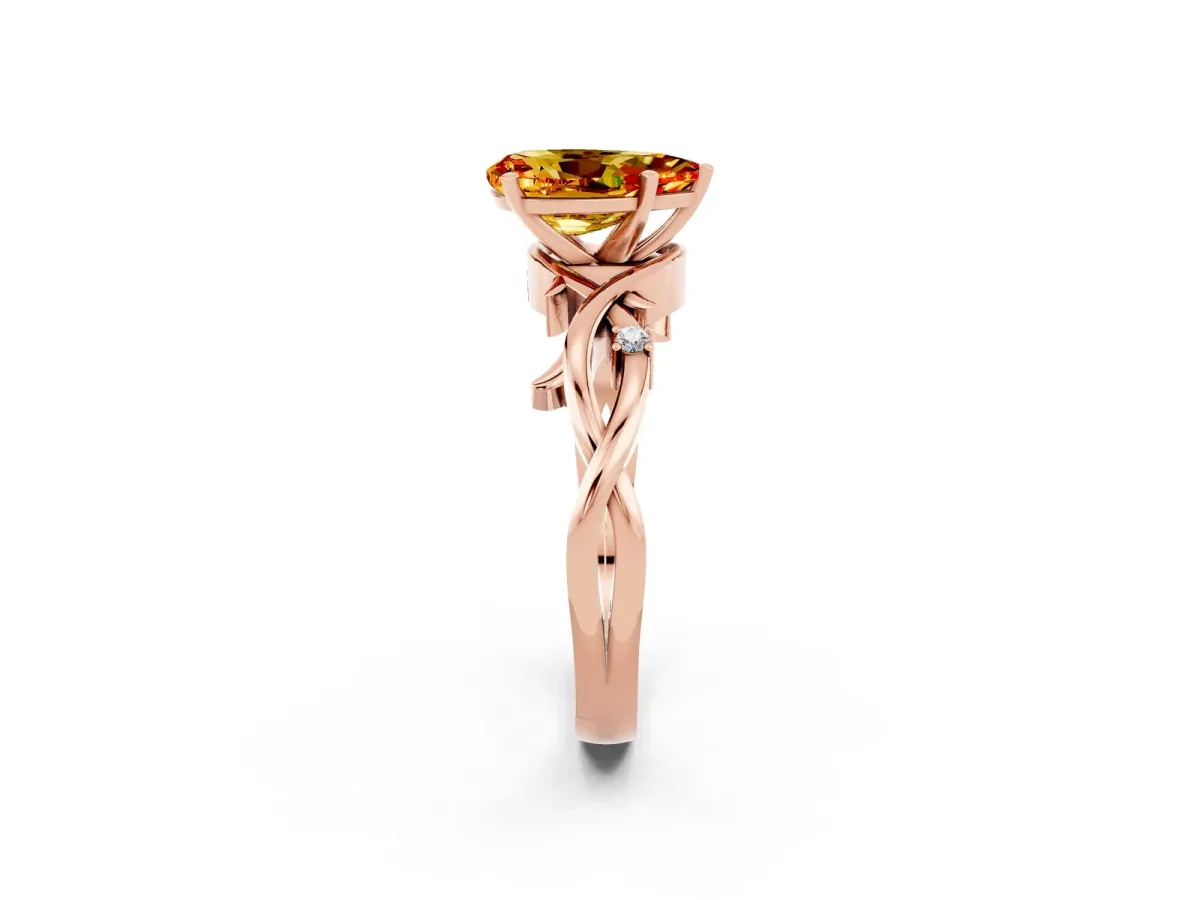 Pear Cut Citrine Solitaire Ring with Twisted Band and Prong Setting Rose gold