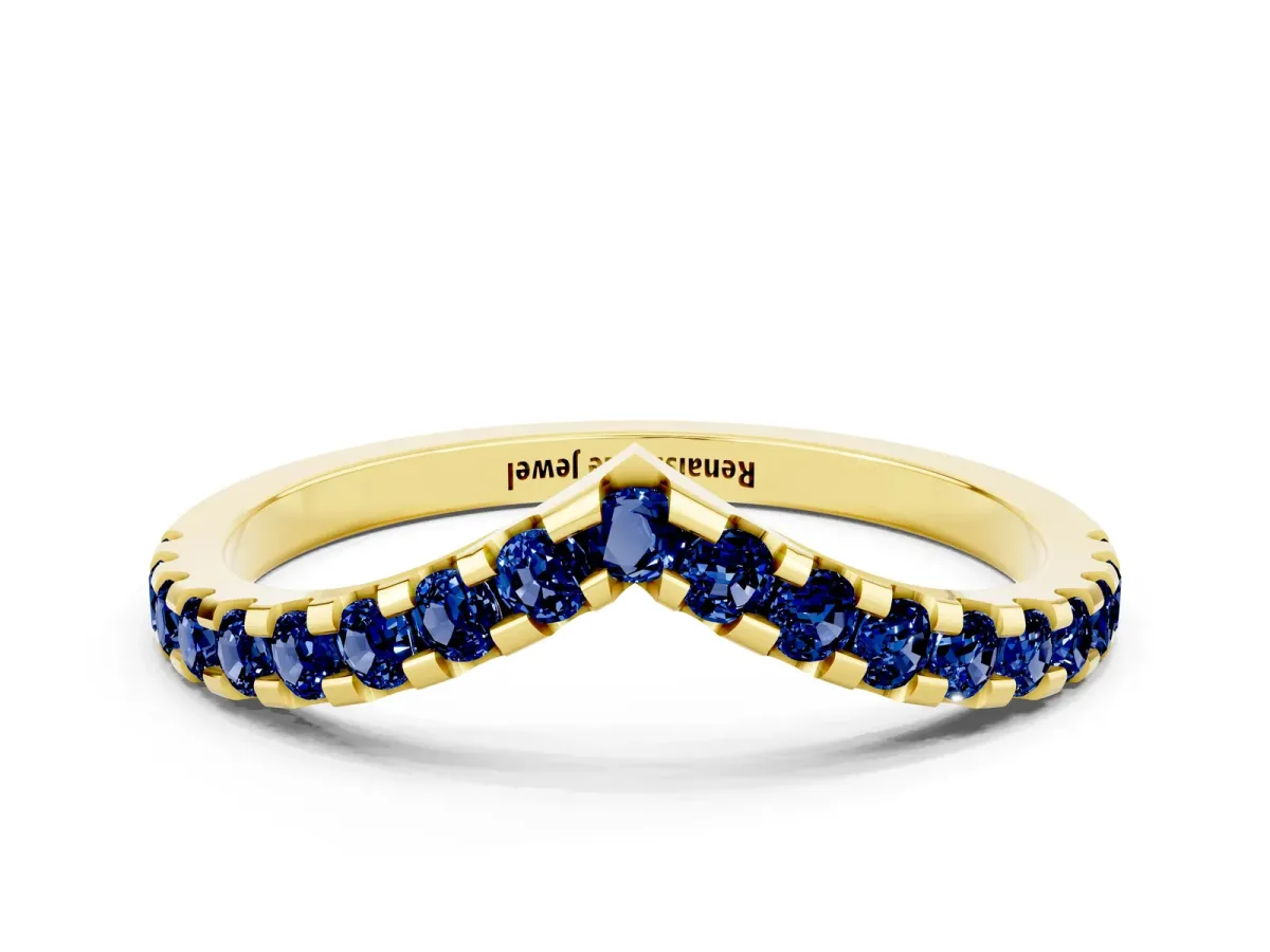 Pavé Round Blue Sapphire Chevron Band with Shared Prong Setting Yellow gold