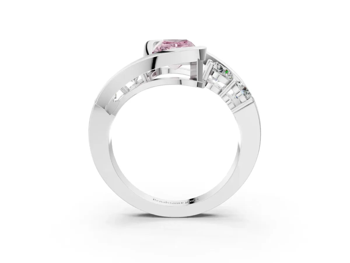 Fancy Pink Bezel Set Radiant Cut Diamond Bypass Ring with Round Accents Silver