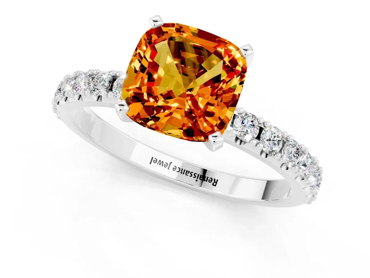 Cushion Cut Citrine Solitaire Pavé Band with Four-Prong Setting Silver