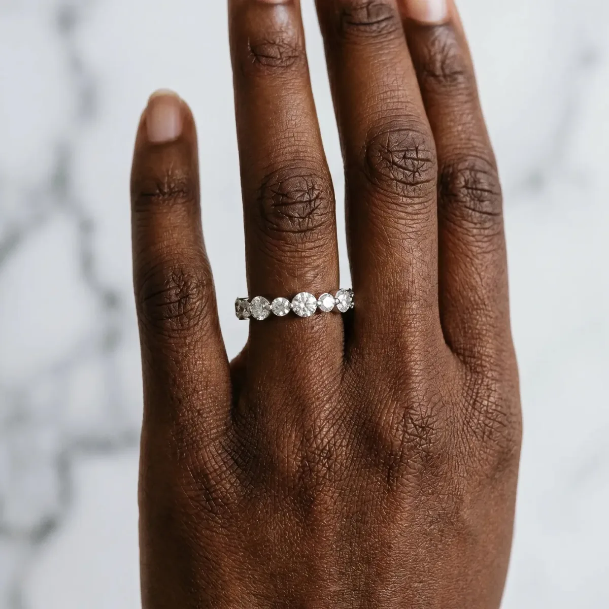 Round Diamond Scalloped Prong Set Eternity Band Silver