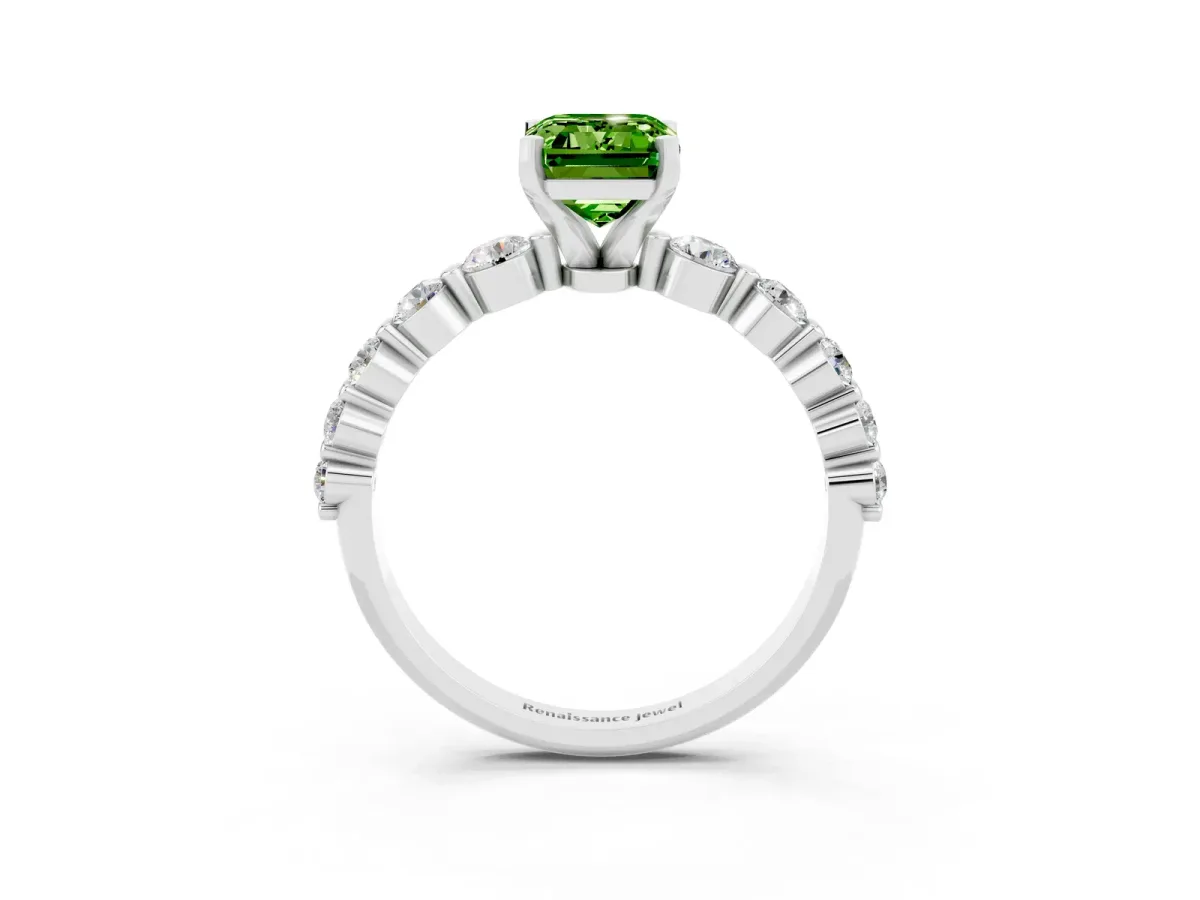 Emerald Cut Solitaire Peridot Ring with Pave Band and Four-Prong Setting Silver