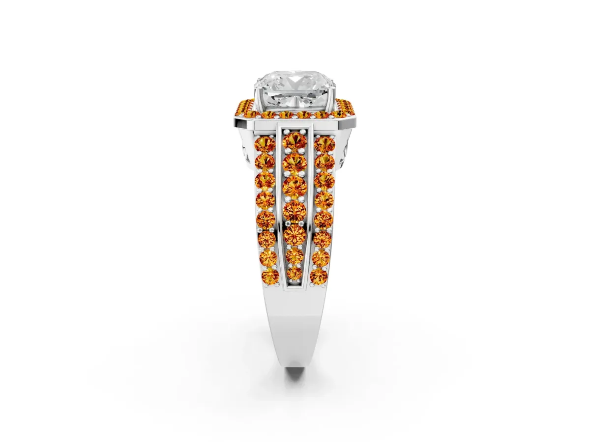 Cushion Cut Halo Diamond Ring with Round Citrine Split Shank and Prong Setting Platinum