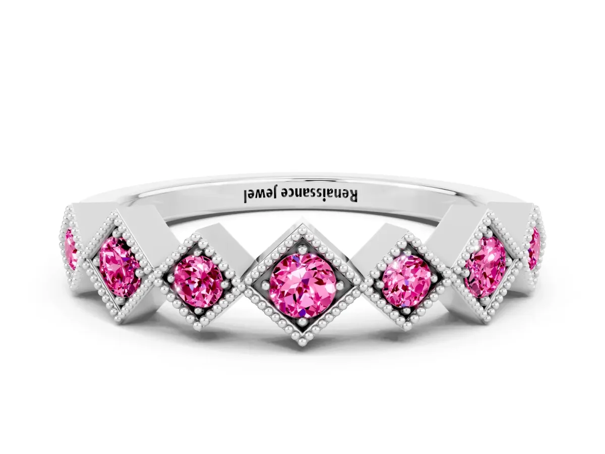 Milgrain Square Bezel Round Pink Sapphire Chevron Band Platinum
