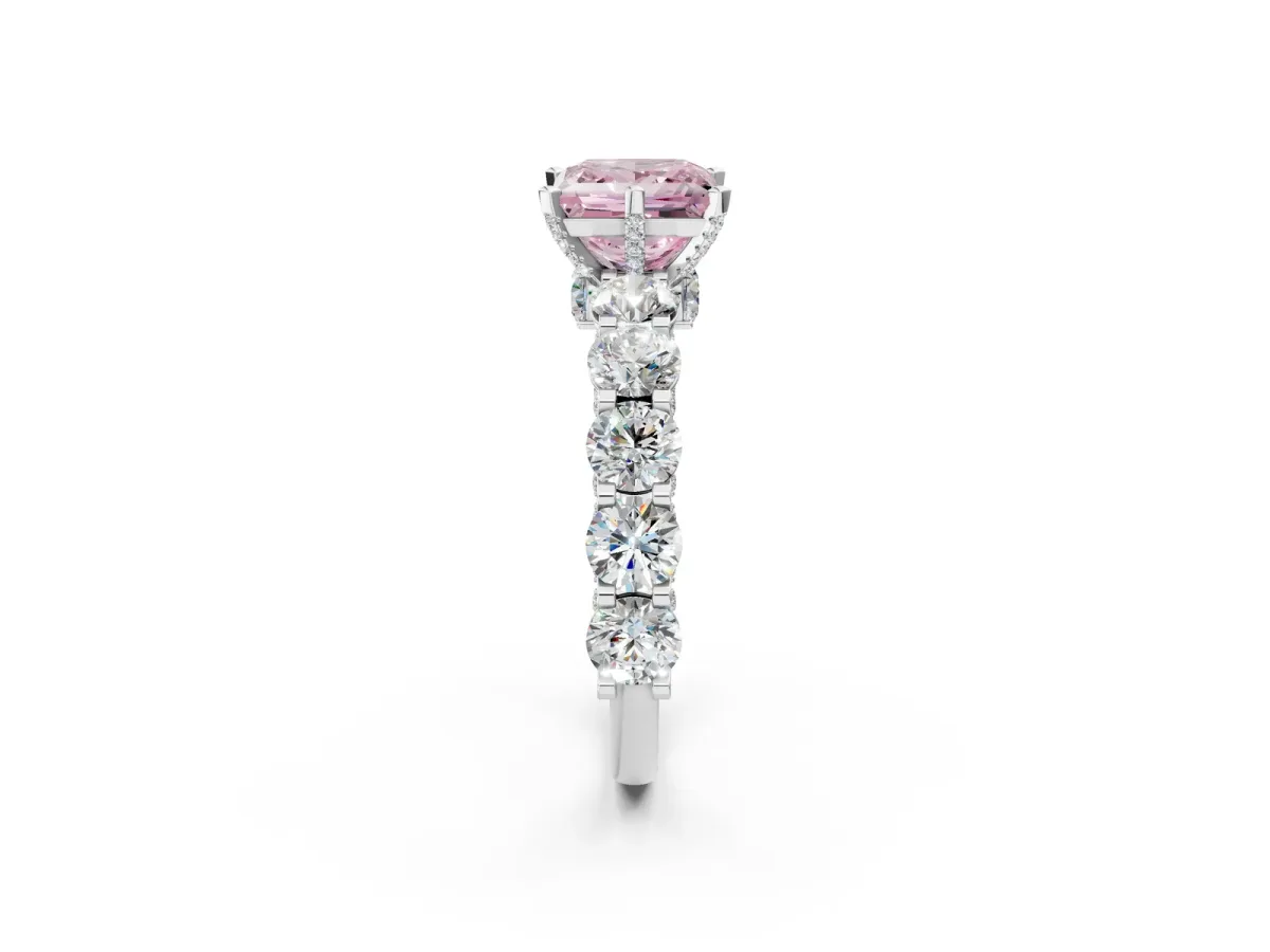 Fancy Pink Princess Cut Diamond Side Stone Engagement Ring with Four-Prong Setting Platinum
