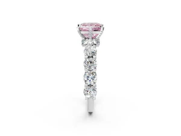 Fancy Pink Princess Cut Diamond Side Stone Engagement Ring with Four-Prong Setting Platinum