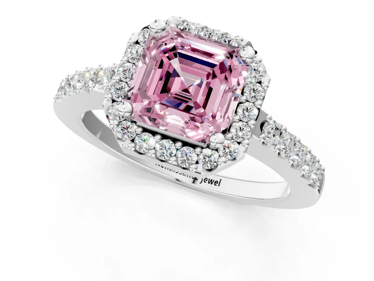 Fancy Pink Asscher Cut Halo Diamond Pavé Solitaire Ring Platinum